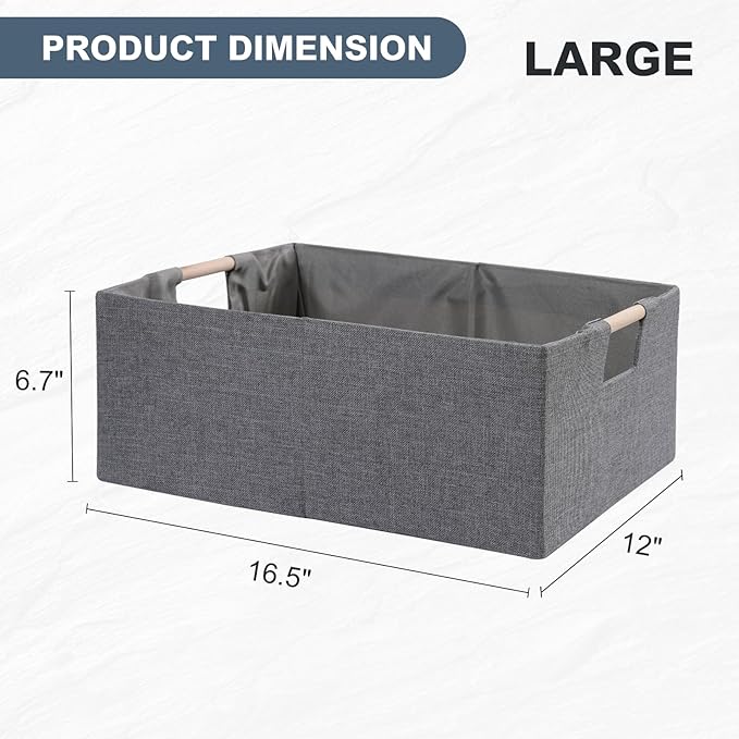 ANMINY 2PCS Storage Baskets for Organizing Collapsible Fabric Storage Bins Boxes with Wood Handles Closet Shelves Cube Organizer Bins Clothes Laundry Storage Container - Large, Gray-NeatNest