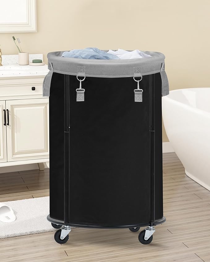 STORAGE MANIAC Rolling Laundry Hamper with Wheels 110L Laundry Basket, Round Laundry Cart with Metal Frame and Removable Bag, Clothes Hamper for Bedroom, Bathroom, Dorm Room, Laundry Room, Black