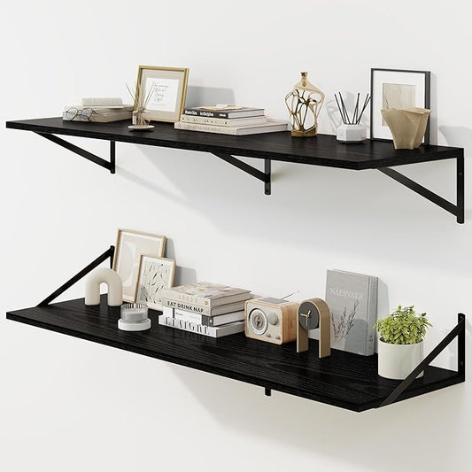 Fun Memories Floating Shelves for Wall, 12 Inch Deep Floating Shelves Set of 2, 48W x 12D Large Wall Shelf with Sturdy Metal Brackets for Living Room, Bathroom, Bedroom and Kitchen, Black-NeatNest