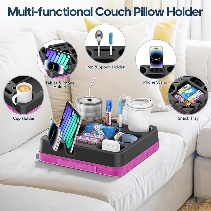 Couch Cup Holder Tray Couch Cup Holder Pillow Bed Tray Snack Sofa Bed Caddy Organizer Beach Sofa Drink Holder Anti-Spill Portable Snack Caddy Couch Remote Holder for Phone Pad Kindle Beverage Purple-NeatNest