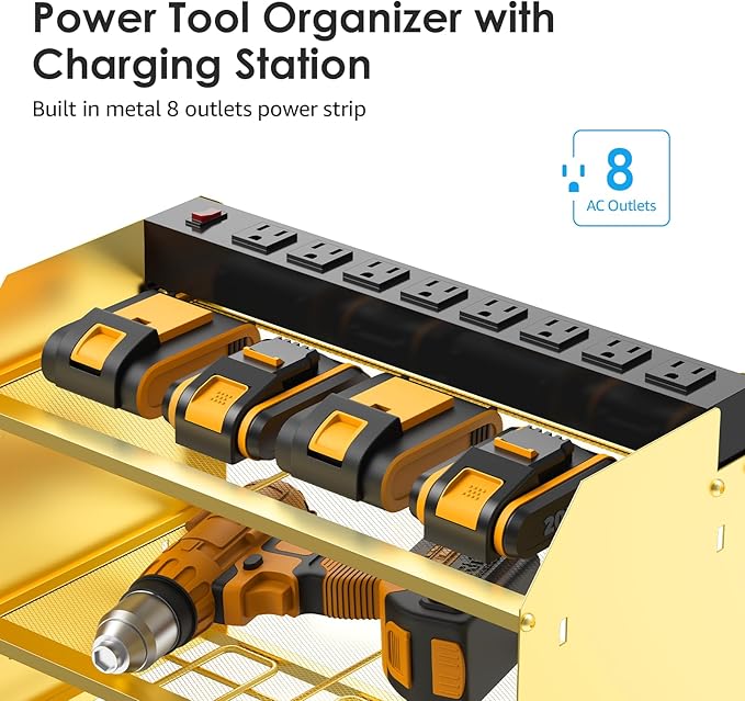 CCCEI Modular Power Tool Organizer Wall Mount with Charging Station. Garage 4 Drill Storage Shelf with Hooks, Drill Bit Heavy Duty Rack, Gold Tool Battery Holder Built in 8 Outlet Power Strip.-NeatNest