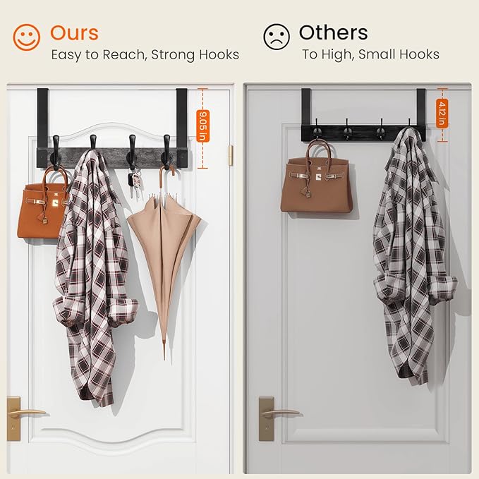 Homode Over The Door Hooks Heavy Duty, Wood Over The Door Towel Rack for Bathroom Door, Rustic Over The Door Hanger,Back of Door Hooks Coat Hooks for Hanging Towels Clothes Hats Bags, Grey