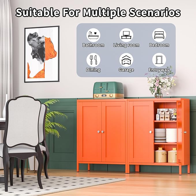 Coffee Bar Cabinet, Metal Sideboard Buffet Cabinet,Metal Storage Cabinet with 2 Doors and Adjustable Shelves for Kitchen Dining Room Living Room, Entryway,Office (Orange, 31.5" H)-NeatNest