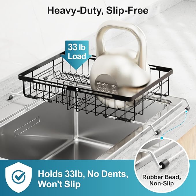 iSPECLE Over Sink Dish Drying Rack - Expandable Capacity Dish Rack for Kitchen Counter, Fits Any Sink Type, 12"~16.9" L x 11.8" W, Black