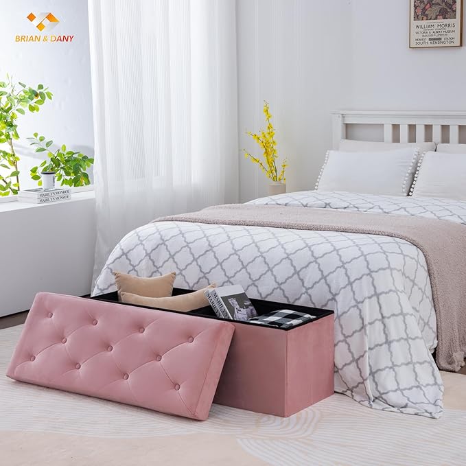 BRIAN & DANY 43 Inches Folding Storage Ottoman Bench, Velvet Ottoman with Storage for Living Room, Long Shoes Bench,Flannelette Footrest Benches Seat (Hot Pink)-NeatNest