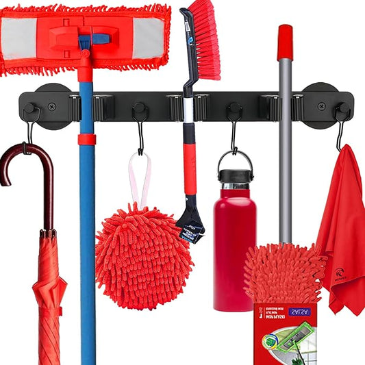 Magnetic Mop Broom Holder,Heavy Duty Movable Magnetic Wall Mount Tool Racks,No Drilling Utility Storage Shovel Hanger for Garage,Closet,Garden,Kitchen,Laundry (4 Hooks 3 Grippers,Black)-NeatNest