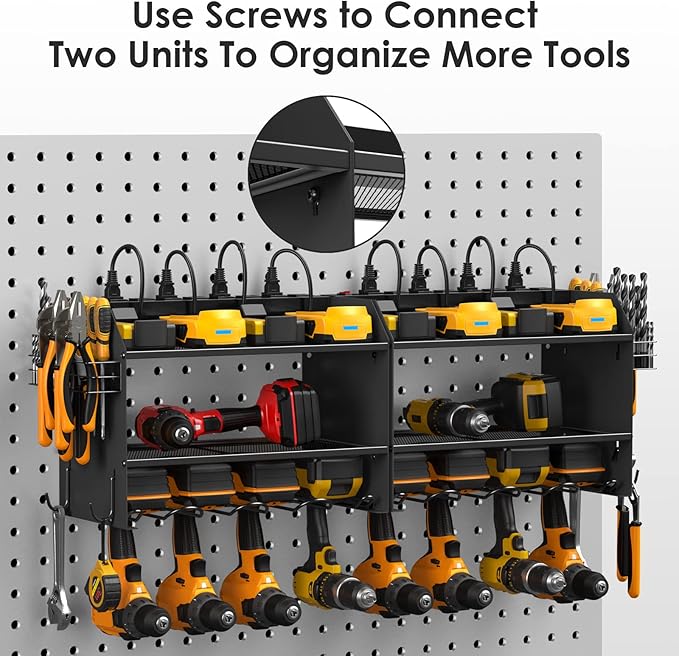 CCCEI Modular Power Tool Organizer Wall Mount with Charging Station. Garage 4 Drill Storage Shelf with Hooks, Screwdriver, Drill Bit Heavy Duty Rack, Tool Battery Holder Built in 8 Outlet Power Strip.-NeatNest