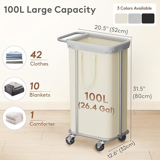 Lifewit 100L Large Laundry Basket with Wheels, Tall 1 Section Laundry Hamper Organizer, Rolling Laundry Cart with Steel Frame & Removable Bag for Luandry Room Bathroom Bedroom, White
