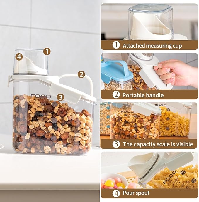 2 PCS Cereal Storage Containers, 1.5L/51oz Dry Food Rice Holder, Pet Dog Cat Food Dispenser with Measuring Cup, BPA Free Clear Plastic Kitchen Pantry Organization Bin, 1 Blue+1 White-NeatNest