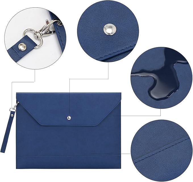 Wonderpool Envelope Case A4 PU Leather File Jacket Pocket Folder Document Case Bag with Removable Hand Strap and 4 Pocket for Documents Tablet Phone Stationery (Dark Blue)