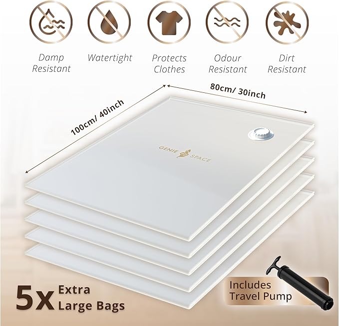 GENIE SPACE XL Vacuum Storage Bags - Pack of 5, Extra Large 40x30in | Strong Jumbo Space Saving Bags | Premium Airtight & Reusable Vacuum Bag for Clothes, Duvets, Curtains & More | inc Travel Pump-NeatNest