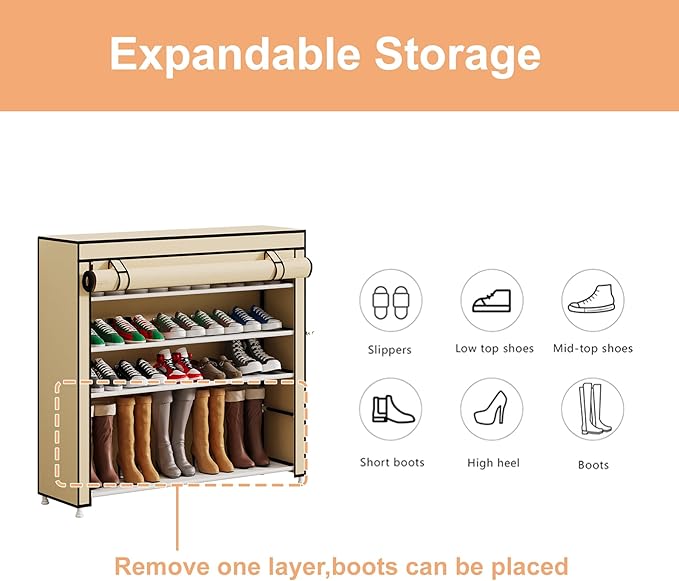 Calmootey 5 Tier Shoe Rack Organizer to Hold 25 Pairs, Portable Shoe Shelf with Nonwoven Fabric Cover for Closet Hallway, Bedroom, Entryway, Beige-NeatNest