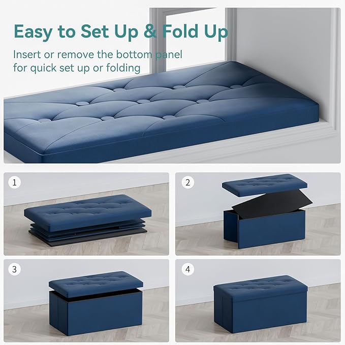 BRIAN & DANY Folding Storage Ottoman Bench, Ottoman with Storage, Foot Rest, Benches Seat for Bedroom, Living Room, Entryway, Long Shoes Bench, 15.7" x 31.5" x 15.7" Blue-NeatNest