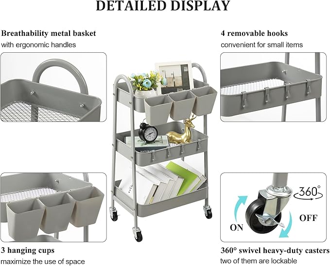 danpinera 3-Tier Rolling Cart, Metal Rolling Storage Cart with Lockable Wheels & Hanging Cups & Hooks, Mobile Trolley Cart for Kitchen, Bathroom, Office, Workshop, Gray-NeatNest
