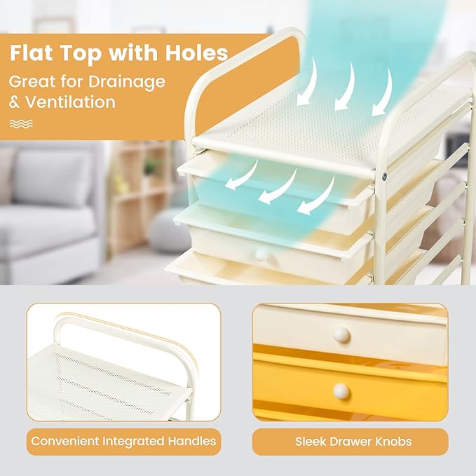 COSTWAY 10-Drawer Rolling Storage Cart, Utility Mobile Trolley with Removable Drawers & Universal Casters & 2 Brakes, Versatile Flexible Drawer Organizer Cart for Home, Office (Yellow)-NeatNest