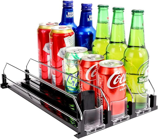 Drink Dispenser for Refrigerator, Self-Pushing Soda Can Organizer for Fridge, 3 Rows has been Assembled, Automatic Can Organizer with Spring Loaded for Refrigerator Holds 15 cans, Black