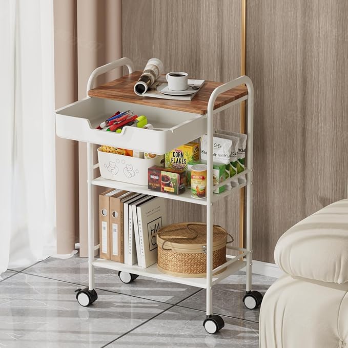 3 Tier Rolling Cart with Drawer, Metal Rolling Storage Cart with Table Top, Modern Utility Cart on Wheels Kitchen Cart Storage Organizer for Bathroom Office Living Room, White-NeatNest