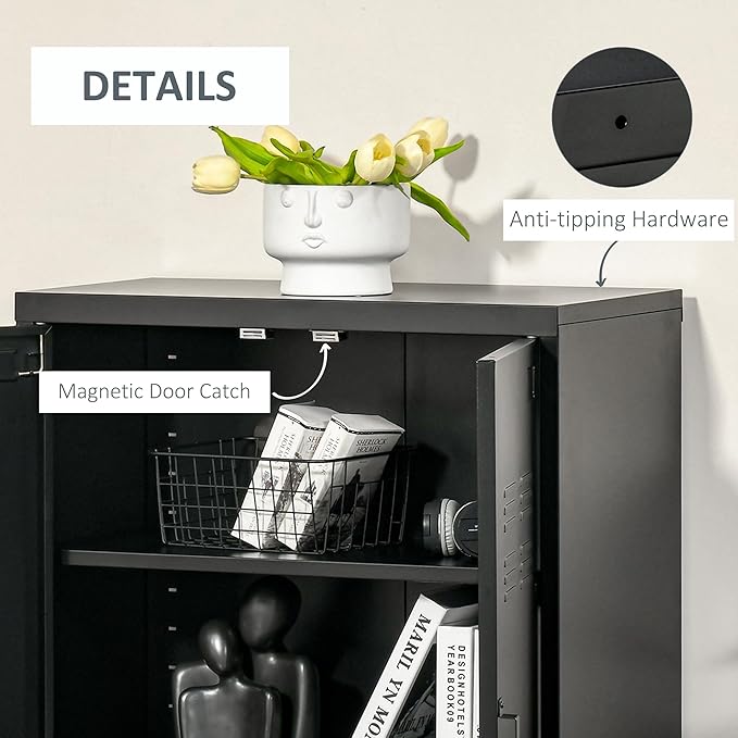 HOMCOM Industrial Storage Cabinet, Steel Garage Cabinet with Double Doors and Adjustable Shelves, Black