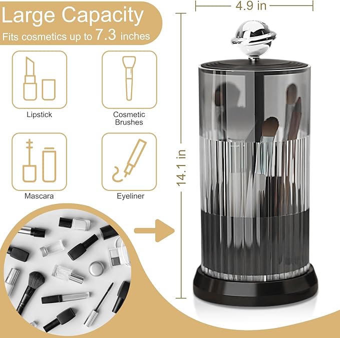 Makeup Brush Holder with Lid,One Touch Open 4 Slot Makeup Brush Case with Waterproof Dustproof, 360 Rotating Makeup Organizer for Vanity Desktop Counterto Bathroom (Black)-NeatNest