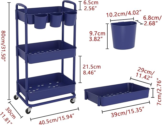 JIUYOTREE 3-Tier Plastic Rolling Storage Cart Utility Cart with Extra Hanging Cups Handles Lockable Wheels for Living Room Bathroom Kitchen Office Blue-NeatNest