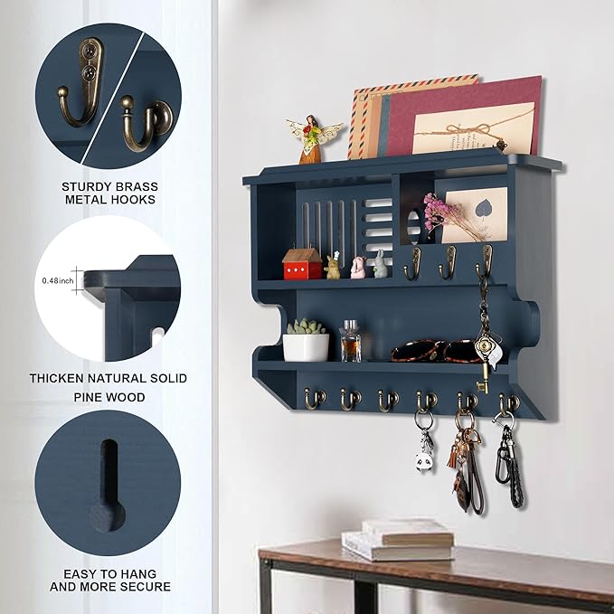 Key Holder for Wall, Mail and Key Holder for Home Decor, Key and Mail Holder for Wall with Key Hooks, Gray