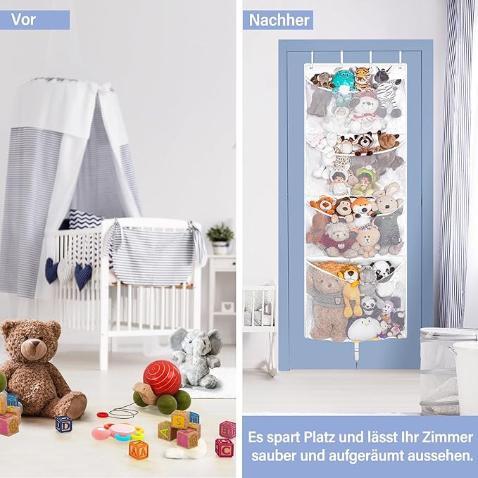 Hanging Stuffed Animal Storage, Over Door Large Plush Toy Organizer with Metal Hook, Baby Accessory Holder Idea for Nursery, Doll & Bear Mesh Hammock Bag for Girl Boy Kid Room-NeatNest