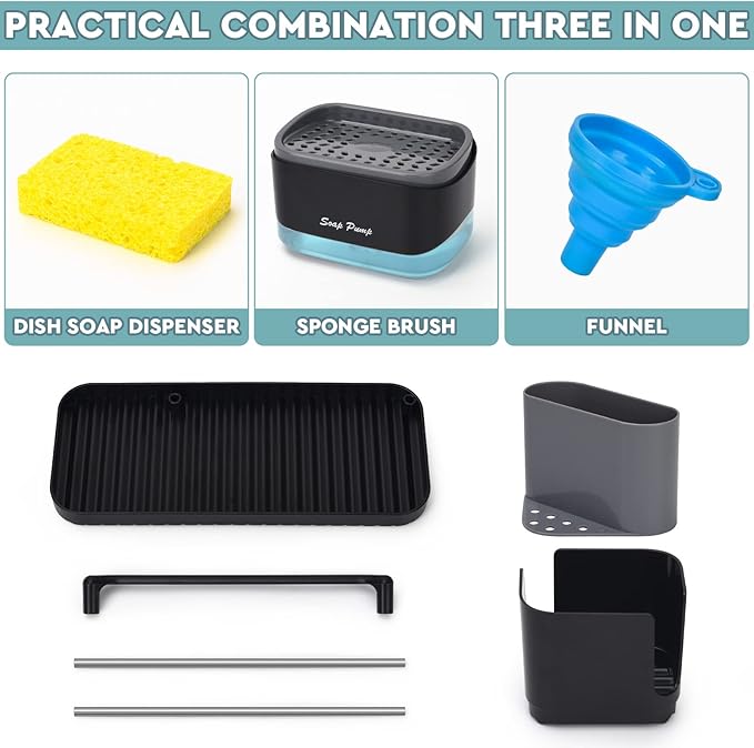 Bestseek Kitchen Soap Dispenser Set with Tray and Sponge Holder, Sink Caddy Organizer with Dishcloth and Dish Brush Holder, for Countertop Storage Organize - Practical Kitchen Gadgets-NeatNest