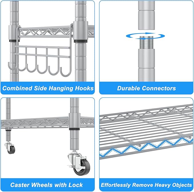 Homdox 5 Tier Adjustable Rolling Storage Shelves, Heavy Duty Wire Racks and Shelving, Metal Shelves for with Side Hooks Pantry Closet Kitchen Garage Organization, Silver Gray-NeatNest