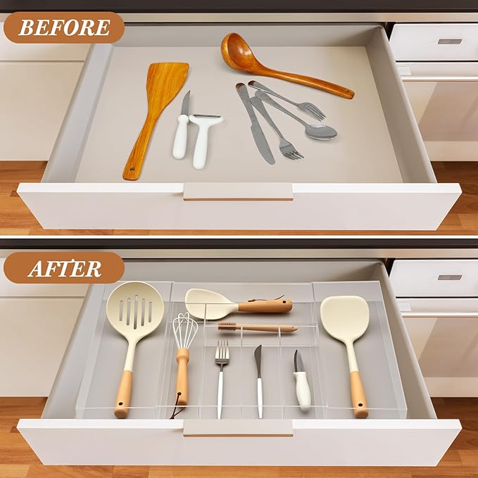 Expandable Kitchen Drawer Organizer Clear Acrylic Utensil Organizer Adjustable Acrylic Silverware Storage for Kitchen Drawers Silverware Flatware Knives(6-8 Compartments,12 x 16 Inches)