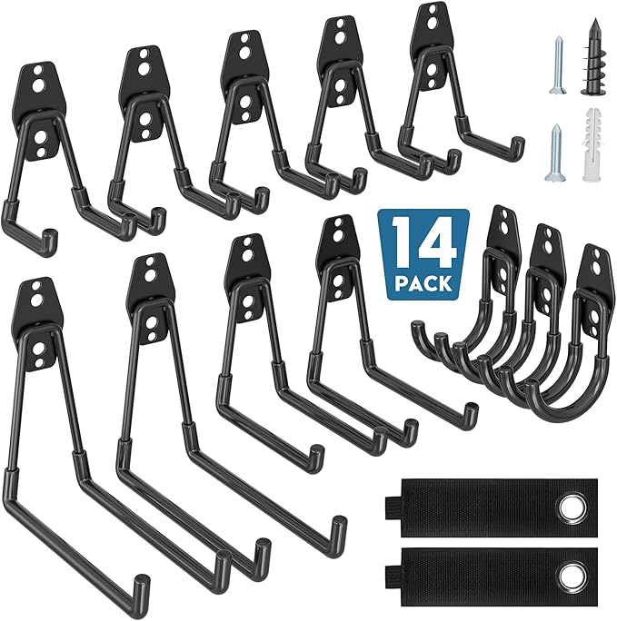 BONTEC Heavy Duty Garage Hooks, Anti-Slip Coated Black Steel with Strong Load Capacity, Multi-Sized U and J Hooks, Easy Wall Mount for Garage, Garden, Workshop (Black, 14 Pack)-NeatNest