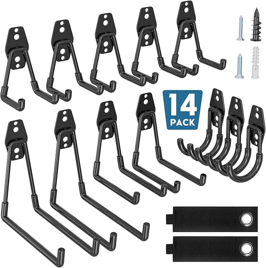 BONTEC Heavy Duty Garage Hooks, Anti-Slip Coated Black Steel with Strong Load Capacity, Multi-Sized U and J Hooks, Easy Wall Mount for Garage, Garden, Workshop (Black, 14 Pack)-NeatNest