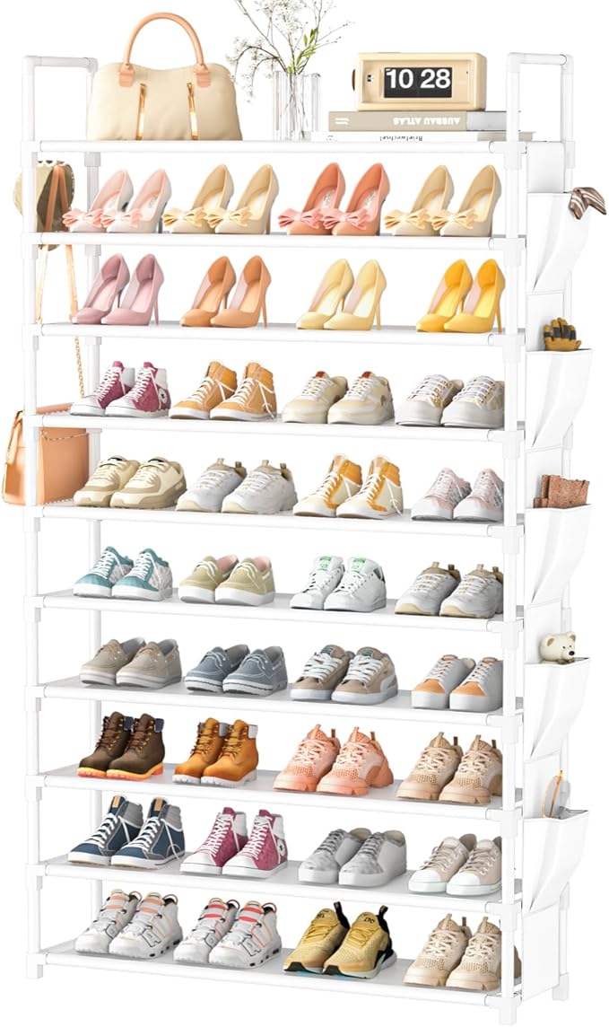Tall Shoe Rack 10 Tier Shoe Racks Organizer for Closet 40-45Pairs,Large Capacity Storage Rack for Shoes with 5Hooks,Sturdy Metal Shoe Shelf, Vertical Shoe Stand Tower-NeatNest