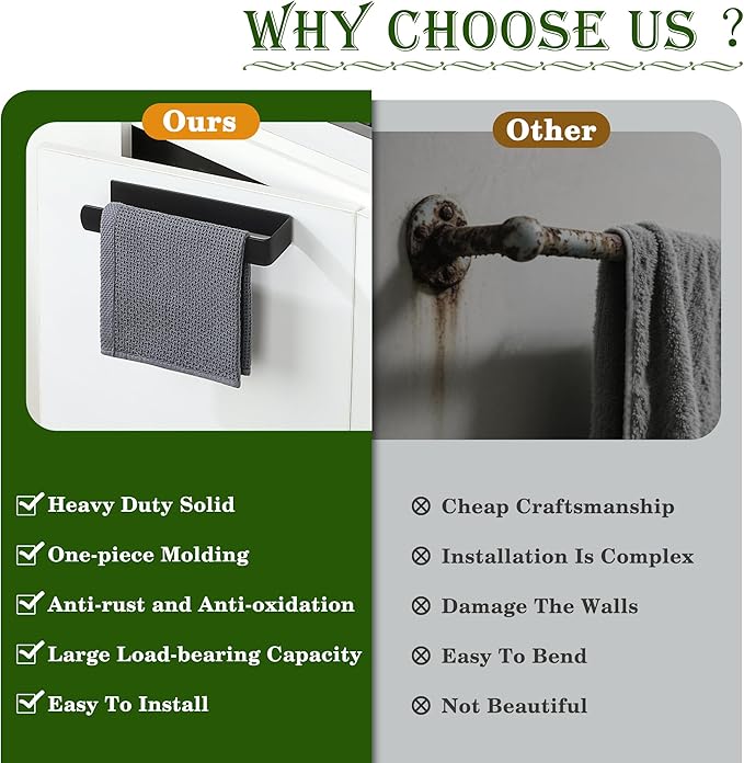 Alise Hand Towel Holder Self Adhesive Towel Bar Towel Hanger for Bathroom Wall,SUS304 Stainless Steel Towel Rack Towel Ring for Kitchen Cabinet Glass Door Wash Basin Side,Matte Black,No Drilling