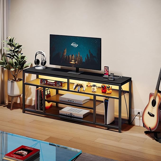 HOOBRO LED TV Stand with Charging Station, 4-Tier Entertainment Gaming Center, Modern Media Console Table, Open Shelves, 55.1"L x 13.8"W x 26.2"H, for TVs up to 65", for Living Room, Black BB47UDDS01-NeatNest