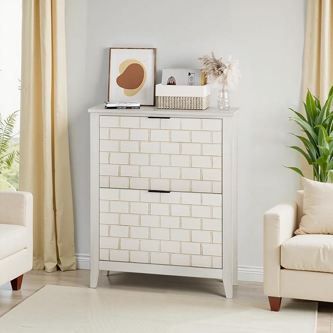 Modern Shoe Cabinet with 2 Flip Drawers, Mid-Century Vintage Shoe Storage Organizer for Entryway Slim, Freestanding Wood Shoe Rack Cabinet for Hallway, Bedroom, Living Room, Retro White-NeatNest