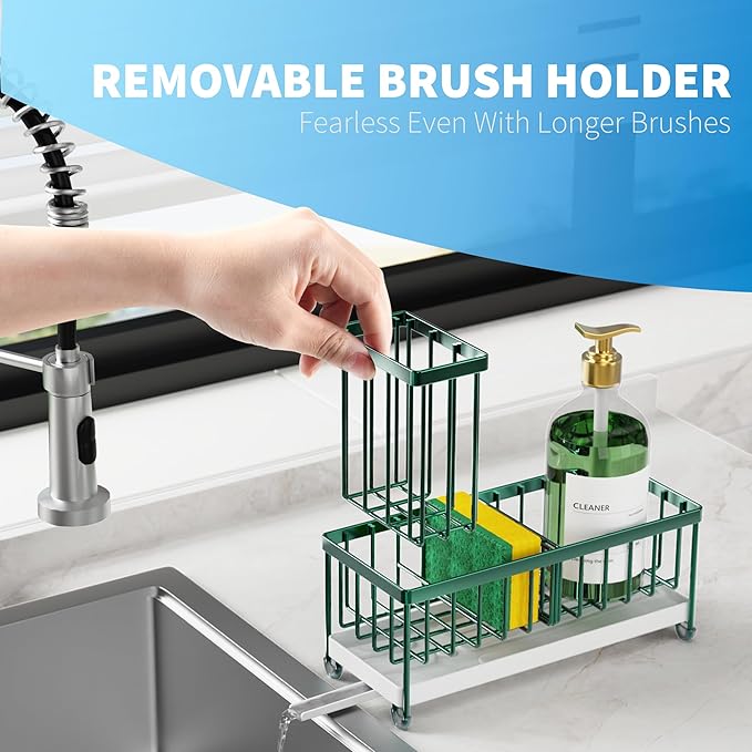 Cisily Sponge Holder for Kitchen Sink, Sink Caddy Organizer with High Brush Holder, Countertop Organizers and Storage Rustproof 304 Stainless Steel, Dark Green Kitchen Decor and Accessories-NeatNest