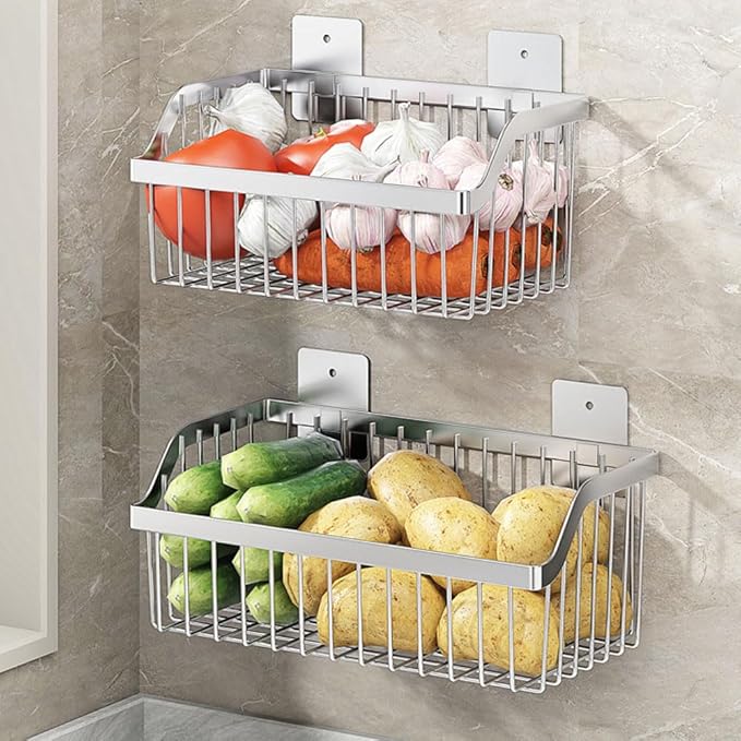 SUS304 Stainless Steel Wire Basket, Hanging Wall Organizer Cabinet Storage Basket, Wall Mounted Shelves for Home Kitchen Bathroom, 2-Pack-NeatNest