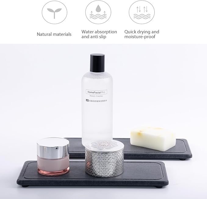 2 Pcs Water Absorbing Stone Trays, Kitchen/Bathroom Sink Soap Dish, Diatomite Tray Used for Hand Soap & Cosmetic Bottles in The Modern Home, 4" W x 10.2" L, Dark Gray-NeatNest