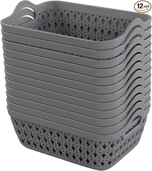 Kekow Gray Mini Plastic Storage Tray Basket with Handle, 12-Pack-NeatNest