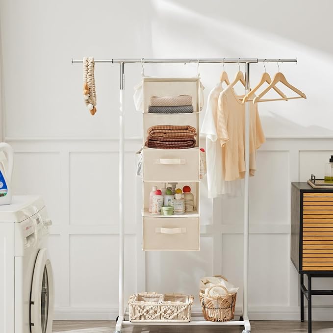 MAX Houser 5 Tier Shelf Hanging Closet Organizer, Cloth Hanging Shelf with 2 Sturdy Hooks for Storage, Foldable (Beige-D2)-NeatNest