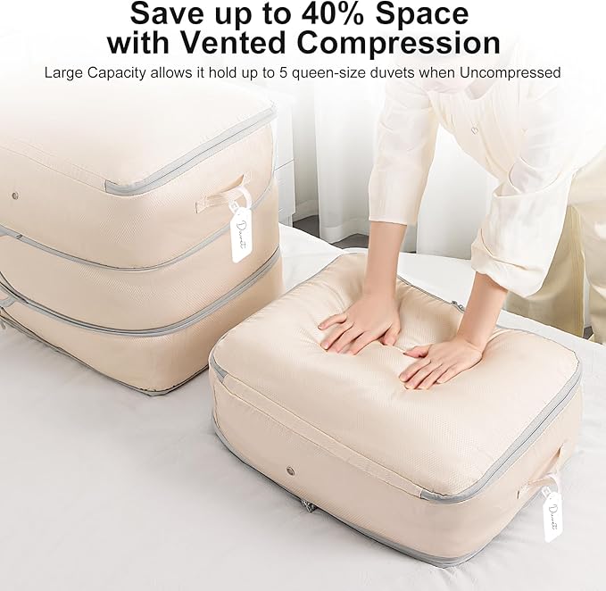 Comforter Storage Bag - Large Capacity Blanket Storage Bags 3-Layer Ultra Space Saving Self Compression Organizer, Washable Compression Bags for Storage Comforter Blanket, 8-Pack, Beige-NeatNest