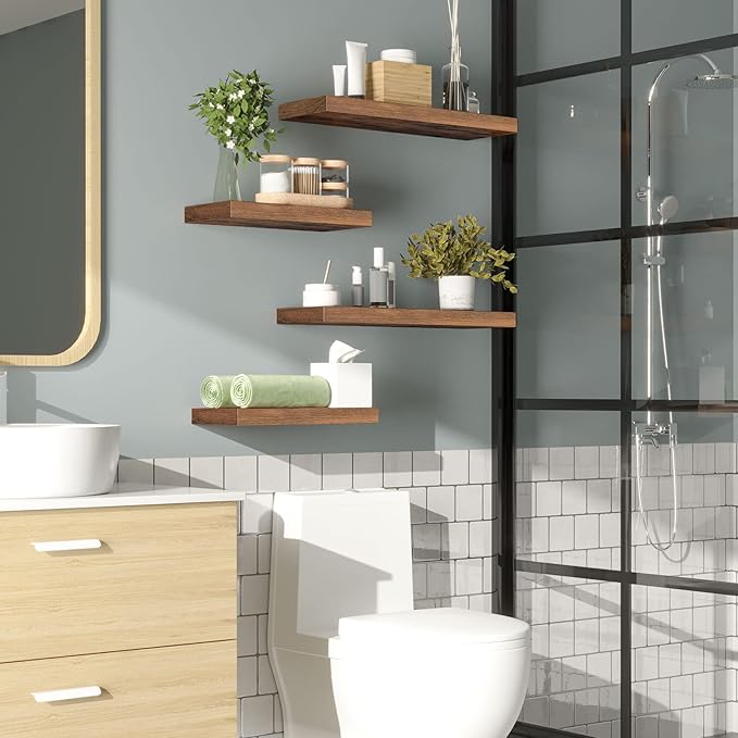 HOOBRO Floating Shelves for Wall, Wall Mounted Shelf Set of 2, 15.7" Hanging Shelf with Invisible Brackets, for Wall in Bathroom, Bedroom, Toilet, Kitchen, Living Room, Office, Rustic Brown BF40BJ01-NeatNest