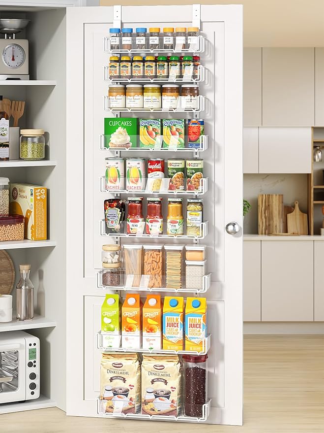 Delamu 9-Tier Over the Door Pantry Organizer with Acrylic Panel, Pantry Organization and Storage, White Hanging Basket Wall Spice Rack Seasoning Shelves, Home Kitchen Bedroom Bathroom House Essentials-NeatNest