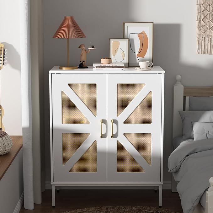 Buffet Cabinet White with Storage, Rattan Sideboard with Doors & Shelves, Accent Buffet Console Table 32.9" Media Console Mid Century Coffee Bar Table for Living Room Kitchen Dining Room-NeatNest