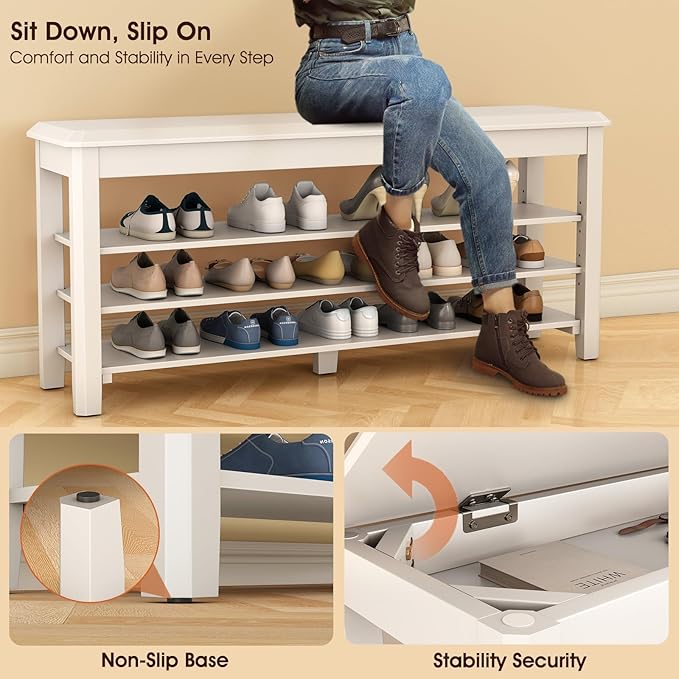 Shoe Rack Bench Seat Rubberwood 3-Tier Wooden Storage Bench 550lbs Compact Mid-Century Modern Design for Entryway, Hallway, Closet, Front Door Entrance, Foyer