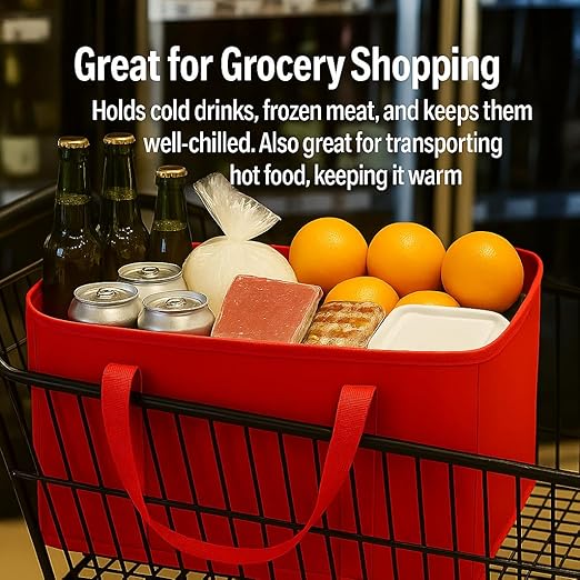 2Pk Insulated Reusable Grocery Bags, Collapsible Cooler Bag for Groceries, Heavy Duty Large Insulated Bag (Large, Bright Red)-NeatNest
