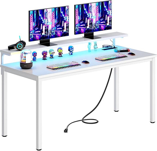 Need 60 inch Computer Desk with LED Lights & Power Outlets, Large Home Desk with Monitor Shelf, Writing Table Gaming Desk Home Office Desk, White-NeatNest