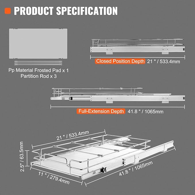 VEVOR 12.5"Wx21"Dx3.5"H Pull Out Cabinet Organizer, Heavy Duty Slide Out Pantry Shelves, Chrome-Plated Steel Roll Out Drawer, Drawer Storage for Home Under Sink, 14"Wx22"Dx7"H Install Size for Cabinet-NeatNest