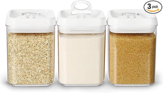 Felli Flip Tite Food Storage Containers With Lid 5" LARGE Airtight Ring Lock Flip Top, Square Acrylic Canister Jar for Rice Sugar Flour Protein Powder, Kitchen Pantry Organizer, Gift Set (1.8qt)-NeatNest