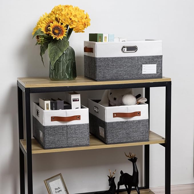 PRANDOM Foldable Storage Bins with Handles [3-Pack] Fabric Collapsible Storage Boxes Baskets Cubes Containers with Handles for Closet Living Room Bedroom (Grey & White 14.9x9.8x8.3'')-NeatNest